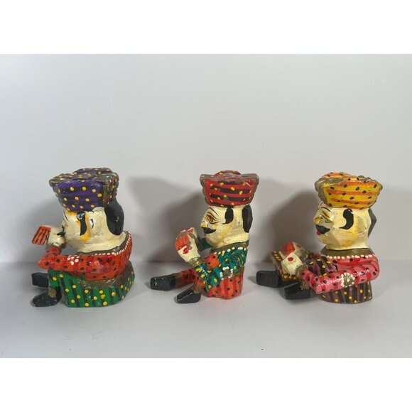 Set Of 3 Hand-Painted Carved Indian Raja Musician Figurines In Vibrant Colors Wo - Picture 2 of 10